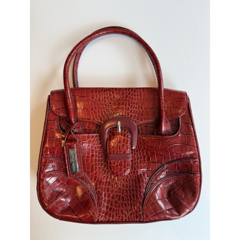 Antonio Melani Y2K Vintage Red Leather Croc Embossed Buckle Satchel Handbag - Picture 3 of 11